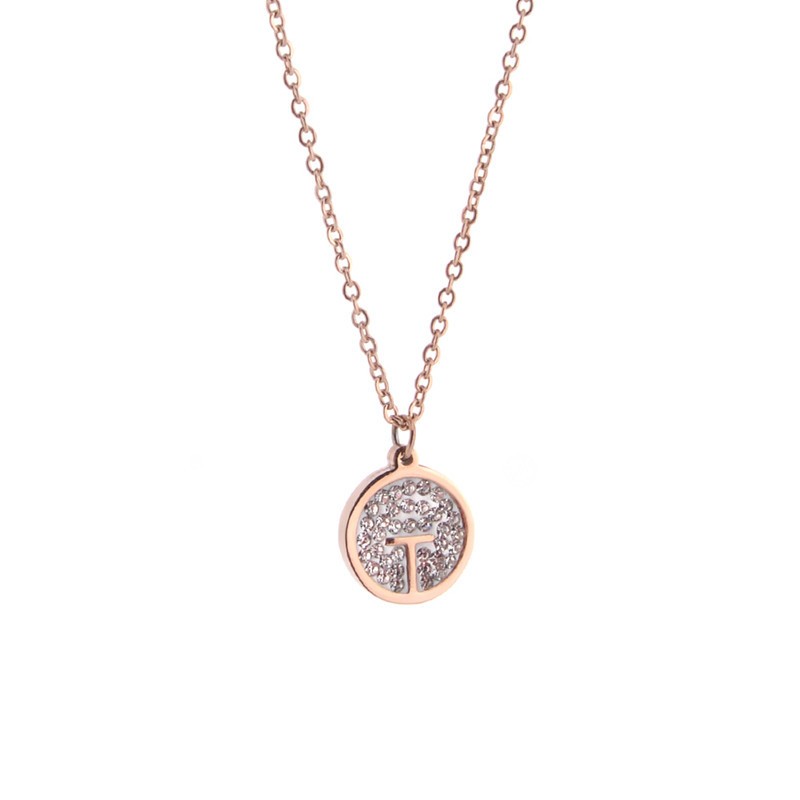 Creative Fashion Rose Gold Titanium Steel Necklace Crystal Inlaid T Pendant Clavicle Chain