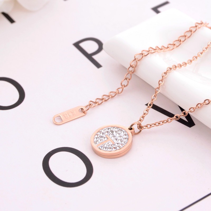 Creative Fashion Rose Gold Titanium Steel Necklace Crystal Inlaid T Pendant Clavicle Chain