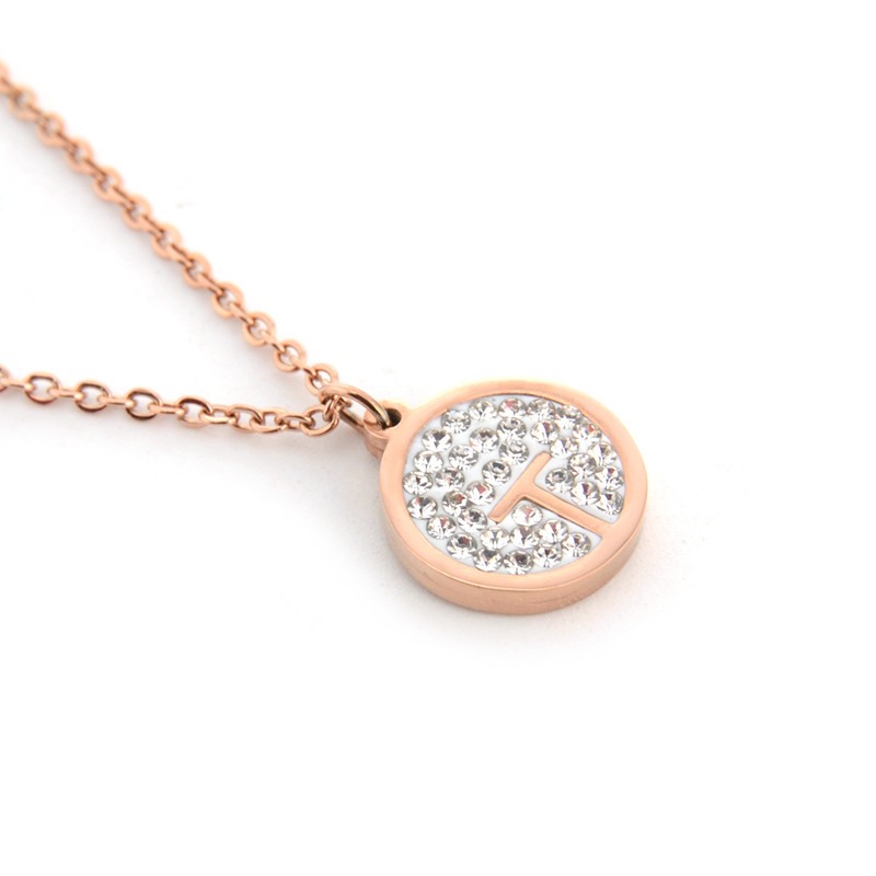 Creative Fashion Rose Gold Titanium Steel Necklace Crystal Inlaid T Pendant Clavicle Chain