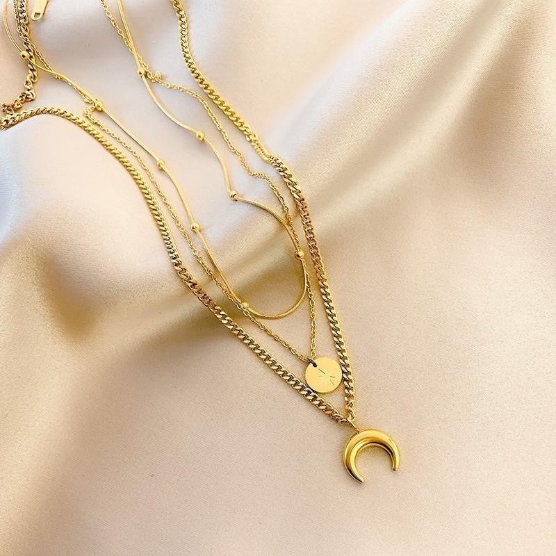 Triple Layer Gold Plated Titanium Steel Necklace with Round and Crescent Moon Pendants