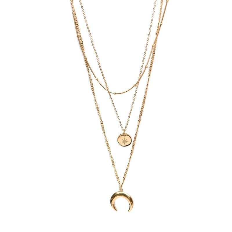 Triple Layer Gold Plated Titanium Steel Necklace with Round and Crescent Moon Pendants