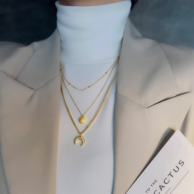 Triple Layer Gold Plated Titanium Steel Necklace with Round and Crescent Moon Pendants