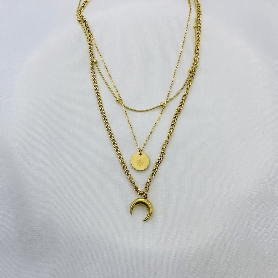 Triple Layer Gold Plated Titanium Steel Necklace with Round and Crescent Moon Pendants
