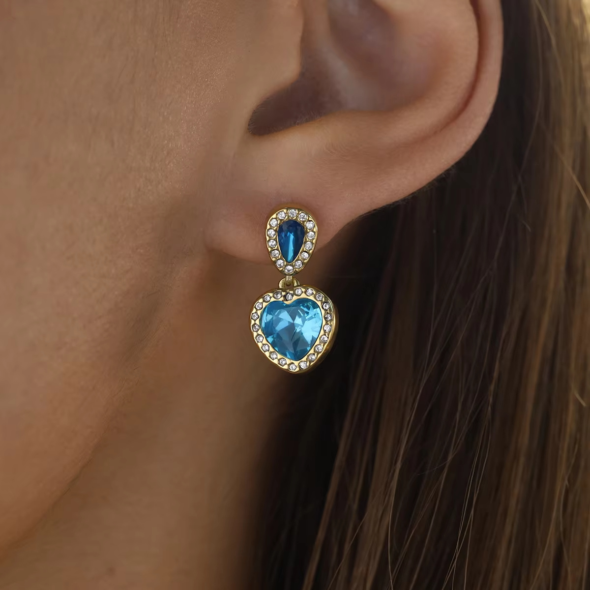 Cross-Border New Luxury Style Heart Pendant Earrings High-End Blue Zircon Stainless Steel Electroplated Women