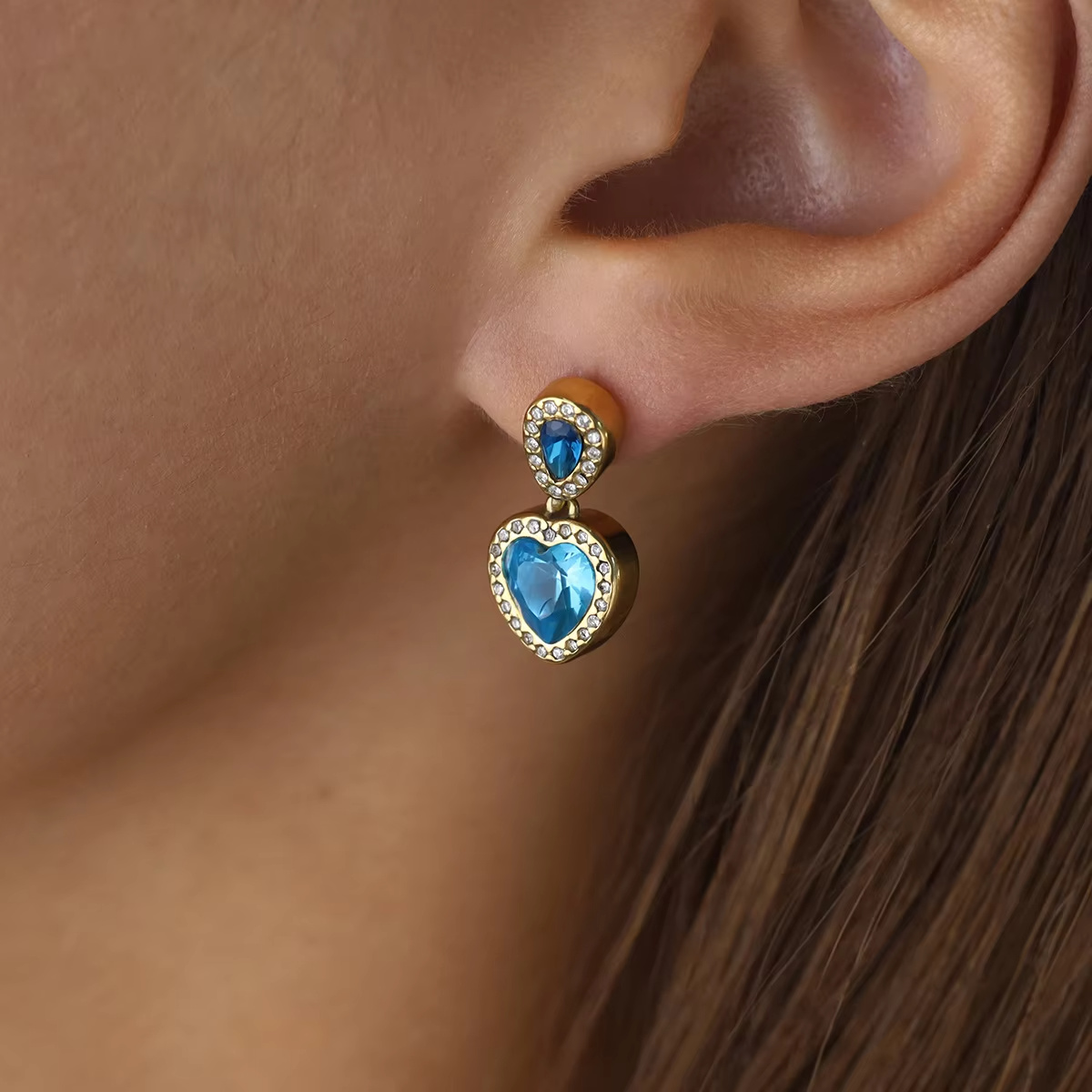 Cross-Border New Luxury Style Heart Pendant Earrings High-End Blue Zircon Stainless Steel Electroplated Women