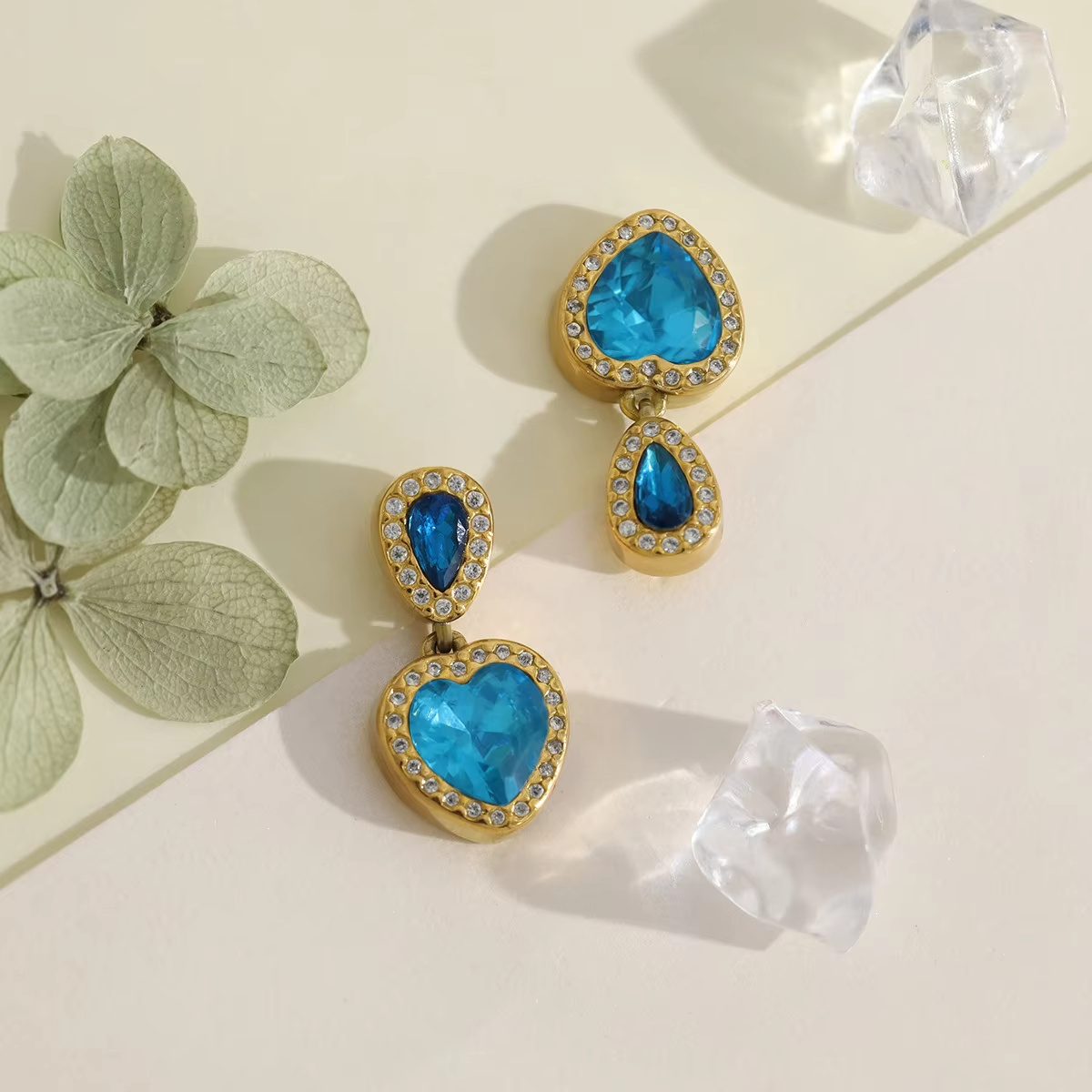 Cross-Border New Luxury Style Heart Pendant Earrings High-End Blue Zircon Stainless Steel Electroplated Women