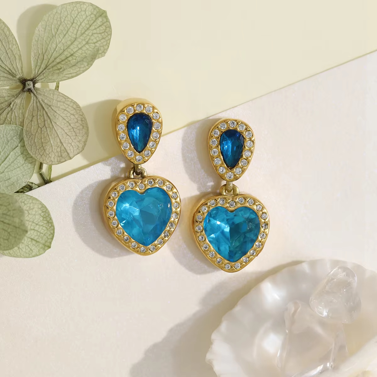 Cross-Border New Luxury Style Heart Pendant Earrings High-End Blue Zircon Stainless Steel Electroplated Women