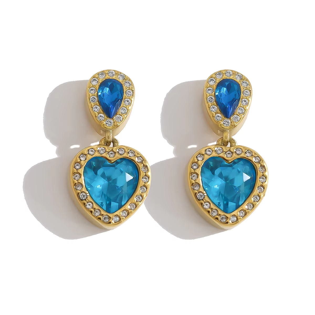 Cross-Border New Luxury Style Heart Pendant Earrings High-End Blue Zircon Stainless Steel Electroplated Women