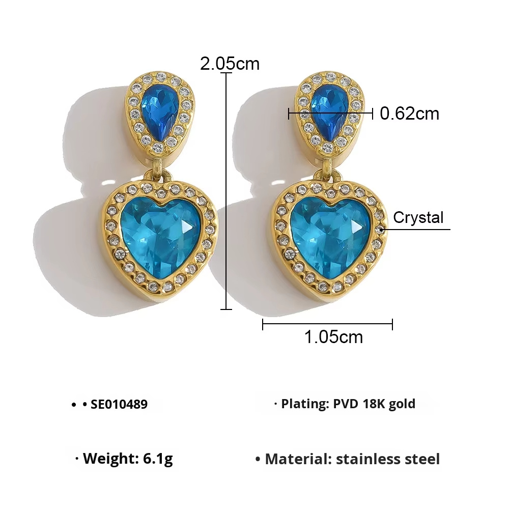 Cross-Border New Luxury Style Heart Pendant Earrings High-End Blue Zircon Stainless Steel Electroplated Women
