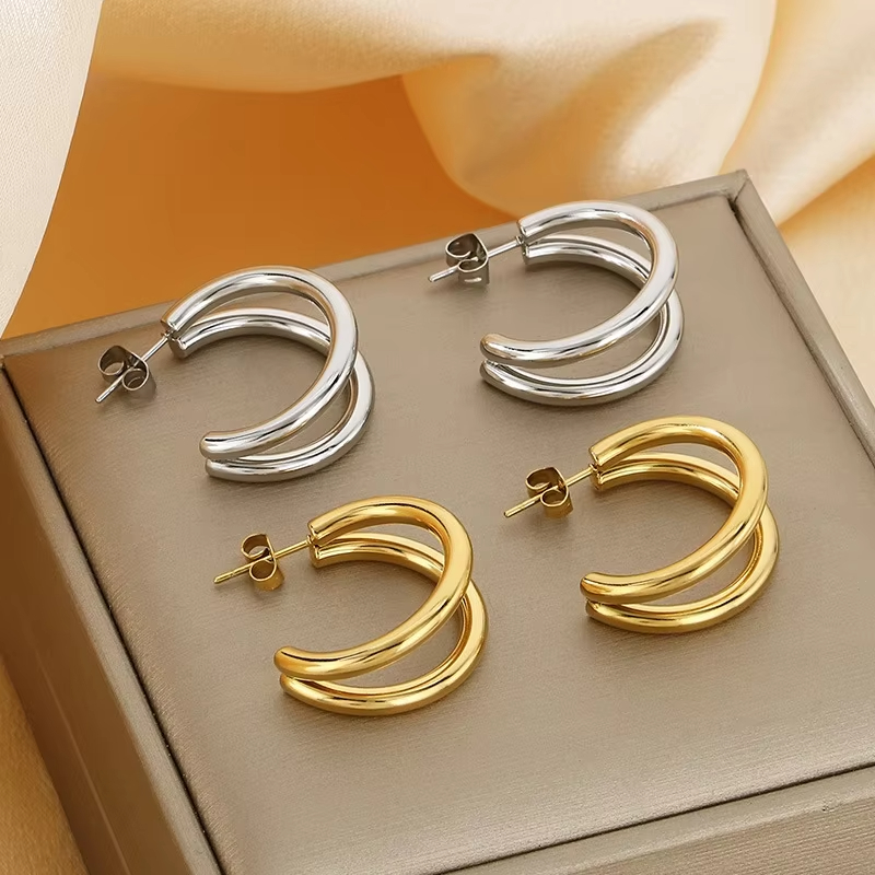 Cross-border Fashion Ins Personalized Trendy Women's Stainless Steel Real Gold Plated High-end Dongguan Hoop Earrings