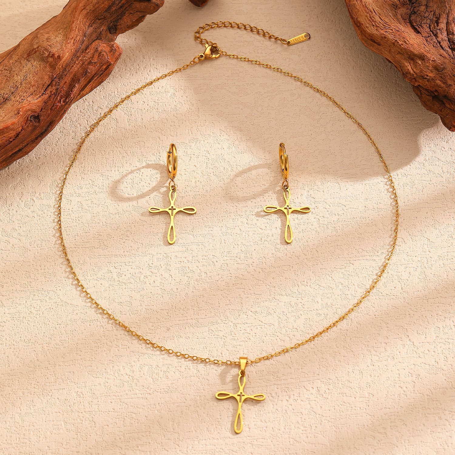 Cross Pendant Stainless Steel Jewelry Sets Necklace Earrings Ring Bracelet Gold Silver Religious Jewelry Set