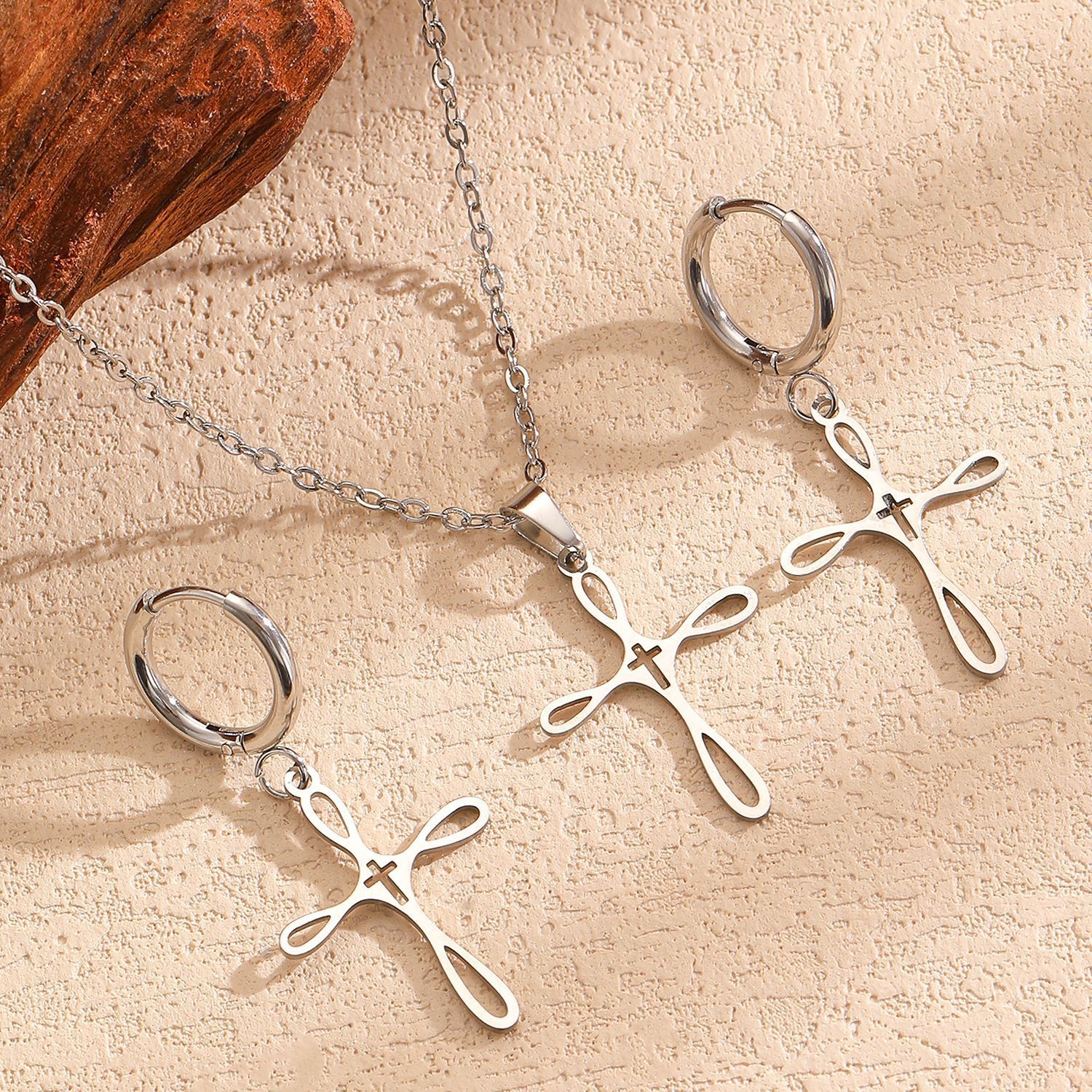 Cross Pendant Stainless Steel Jewelry Sets Necklace Earrings Ring Bracelet Gold Silver Religious Jewelry Set