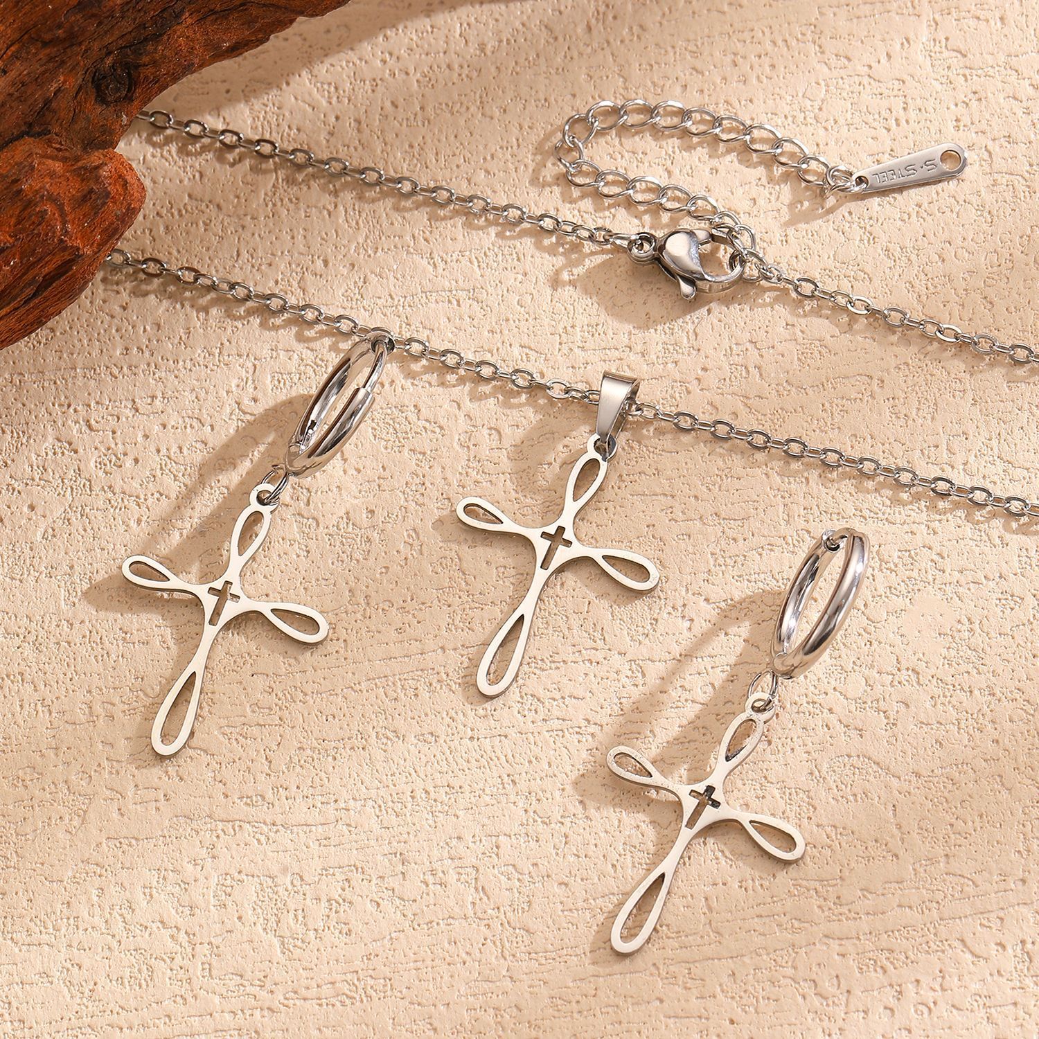 Cross Pendant Stainless Steel Jewelry Sets Necklace Earrings Ring Bracelet Gold Silver Religious Jewelry Set