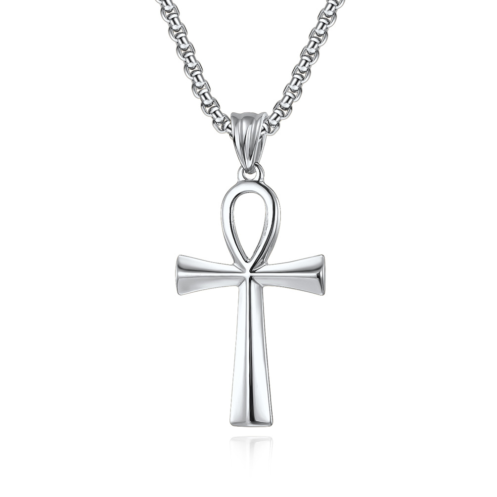 Cross Necklace Stainless Steel Pendant in Silver Gold Black, Polished Egyptian Charm Jewelry for Men
