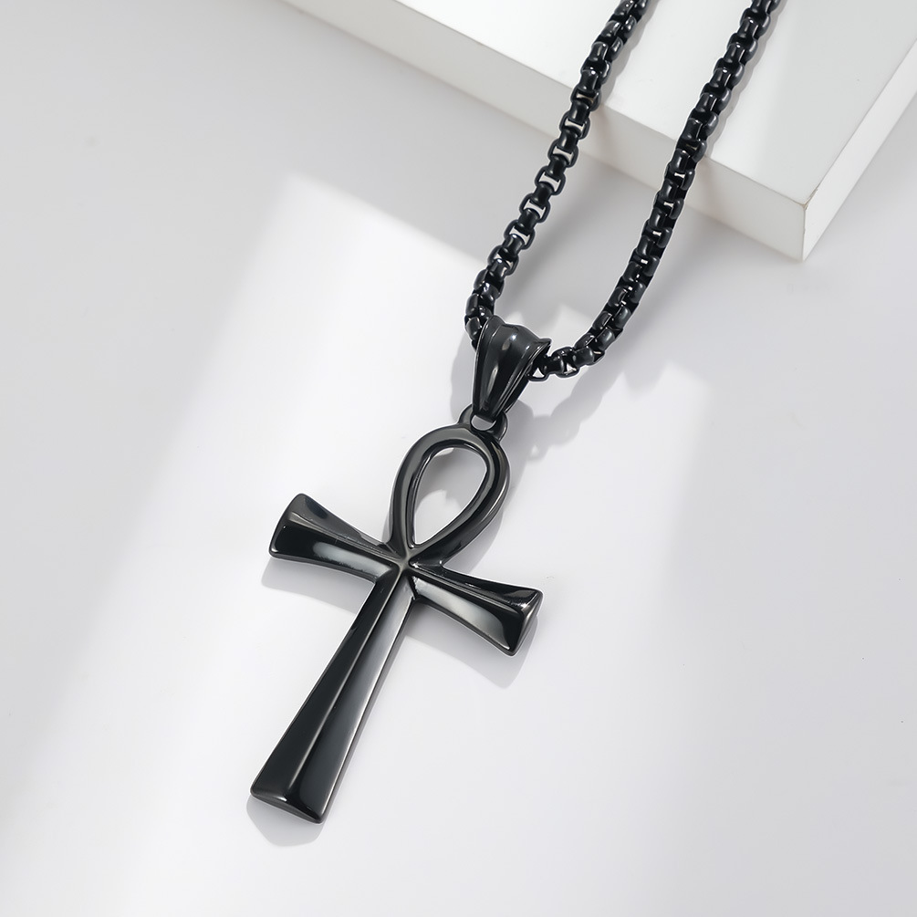 Cross Necklace Stainless Steel Pendant in Silver Gold Black, Polished Egyptian Charm Jewelry for Men