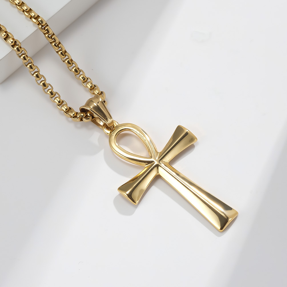 Cross Necklace Stainless Steel Pendant in Silver Gold Black, Polished Egyptian Charm Jewelry for Men