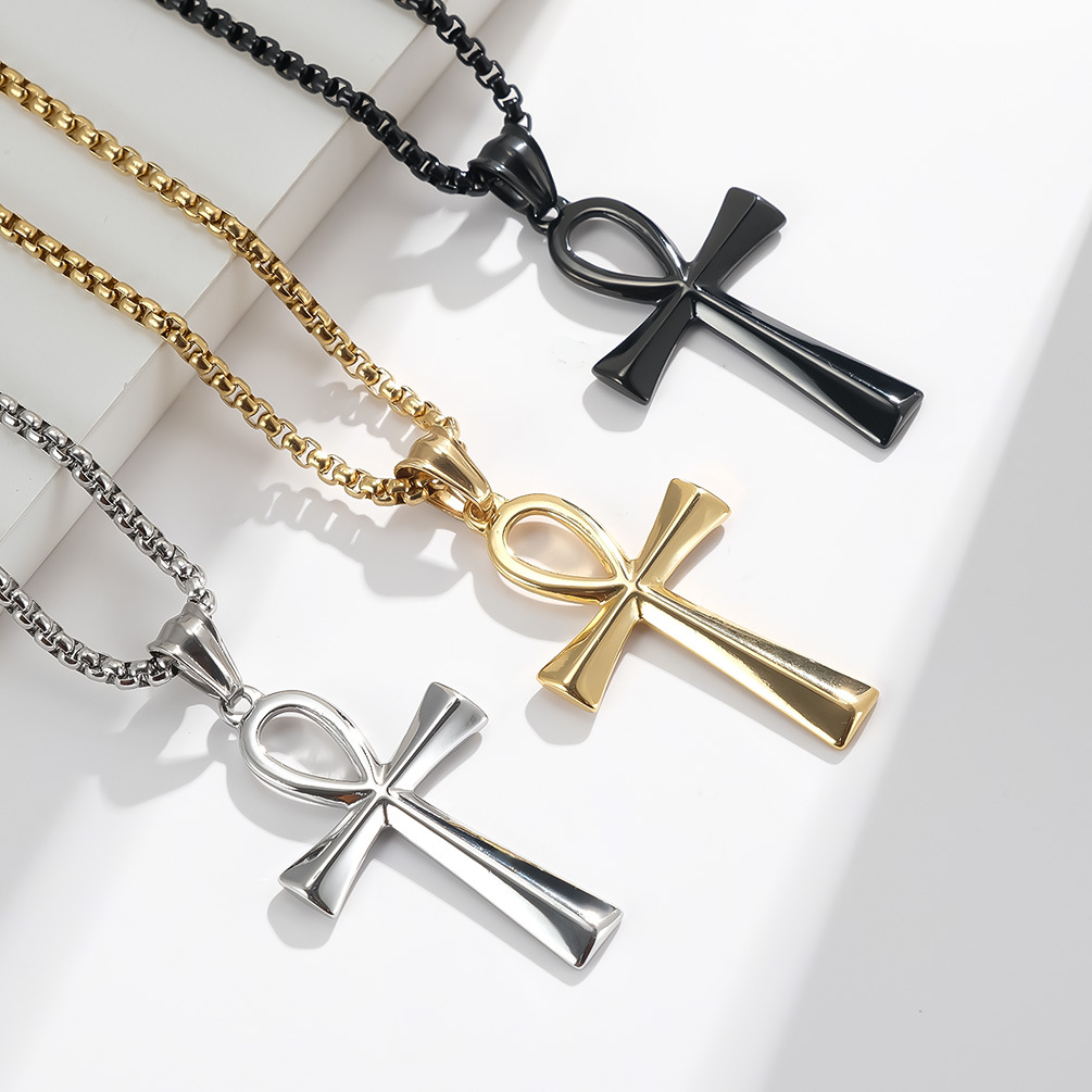 Cross Necklace Stainless Steel Pendant in Silver Gold Black, Polished Egyptian Charm Jewelry for Men
