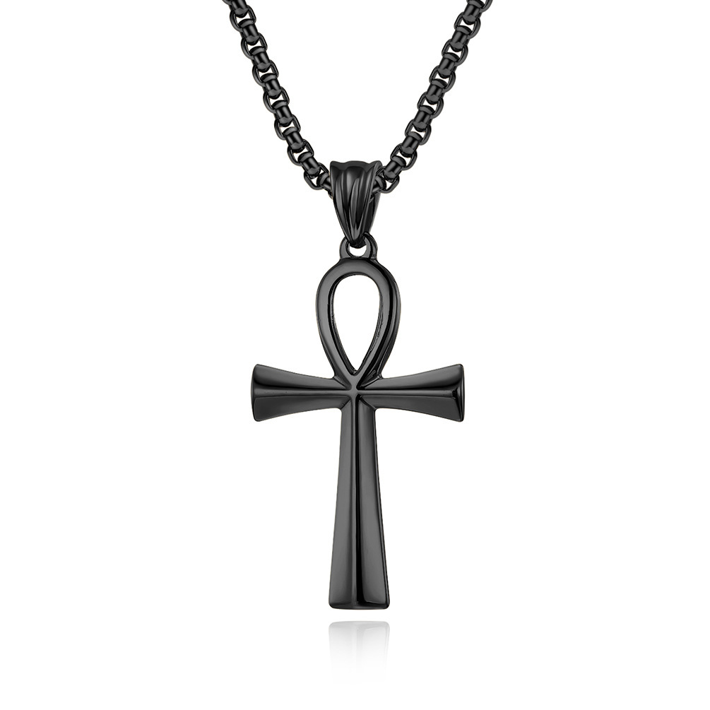 Cross Necklace Stainless Steel Pendant in Silver Gold Black, Polished Egyptian Charm Jewelry for Men