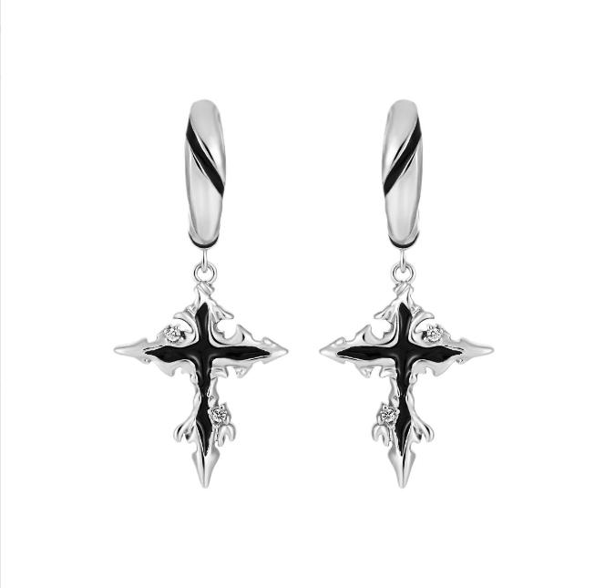Black Flame Cross Dangle Earrings – Stainless Steel Hoop Gothic Earrings with CZ Stones for Men and Women