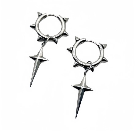 Punk Stainless Steel Hoop Earrings with Spikes and Cross Pendant, Unisex Rock Gothic Jewelry