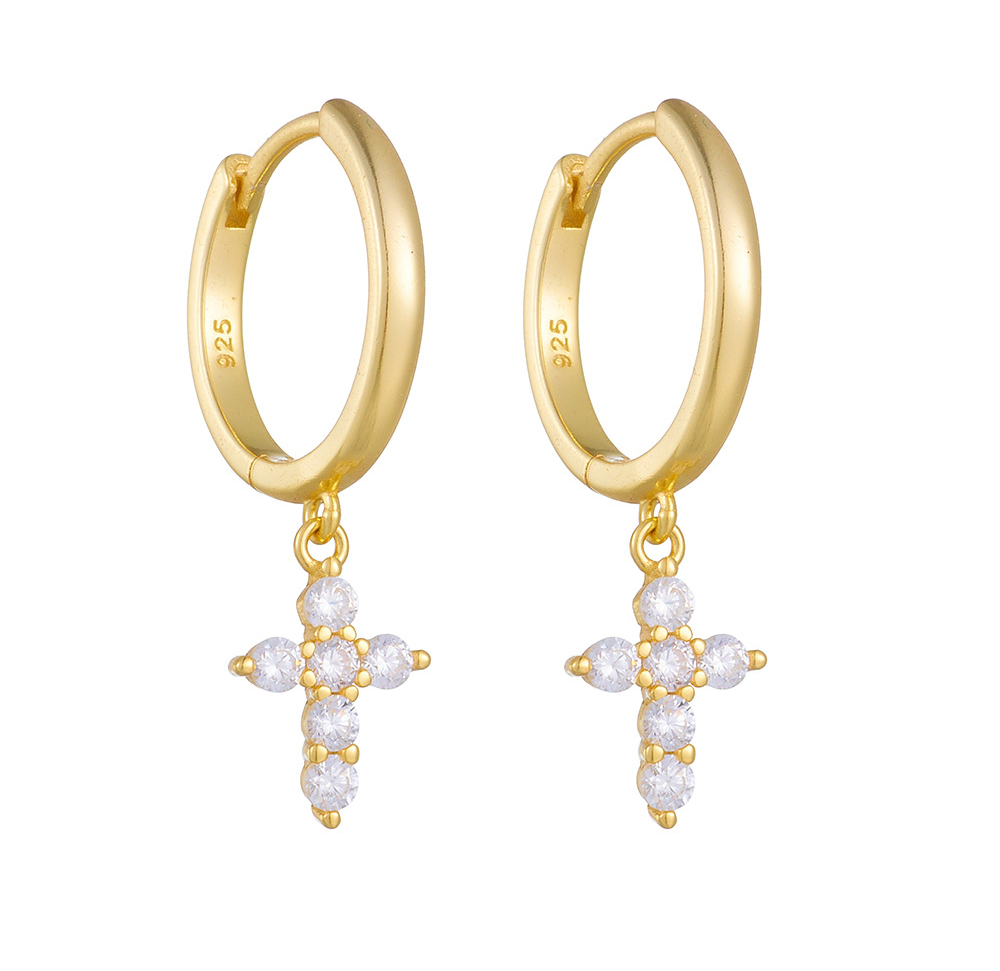 Gold Plated 925 Sterling Silver Hoop Earrings with Cross Cubic Zirconia Dangle for Women
