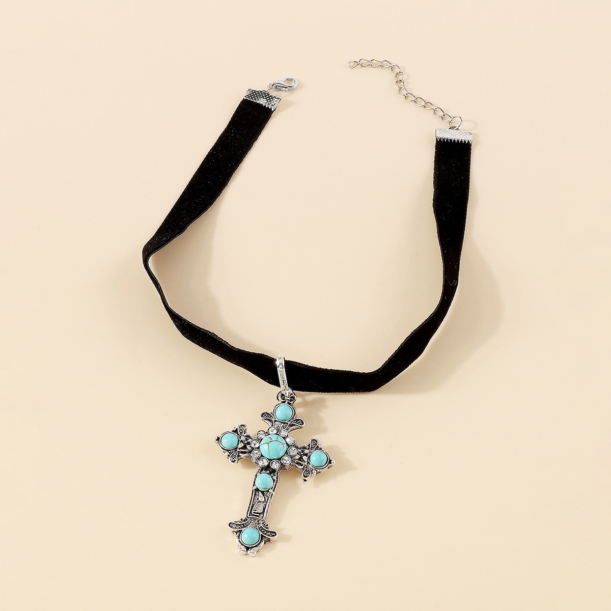 Vintage Turquoise Cross Choker Necklace – Velvet Gothic Boho Religious Pendant Jewelry
