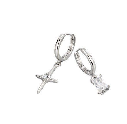 Asymmetric Cross and Gemstone Hoop Earrings for Women – 925 Sterling Silver Minimalist Huggie Dangles