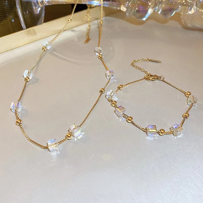 Iridescent Cube Crystal Bead Necklace – Gold Titanium Chain for Women