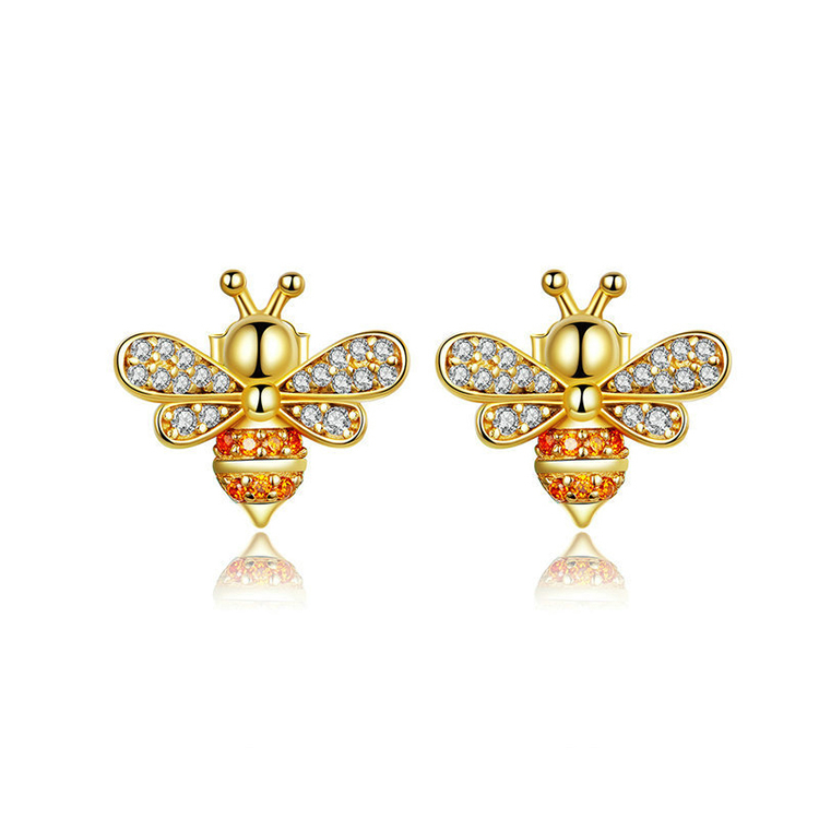 Custom 925 Sterling Silver Gold Plated Zirconia Honey Bee Stud Earrings