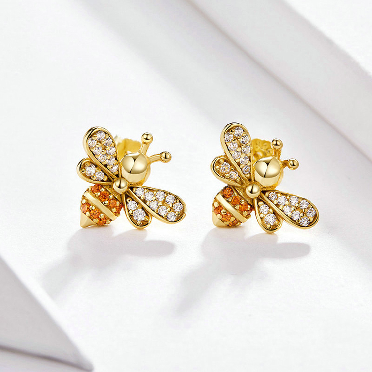 Custom 925 Sterling Silver Gold Plated Zirconia Honey Bee Stud Earrings