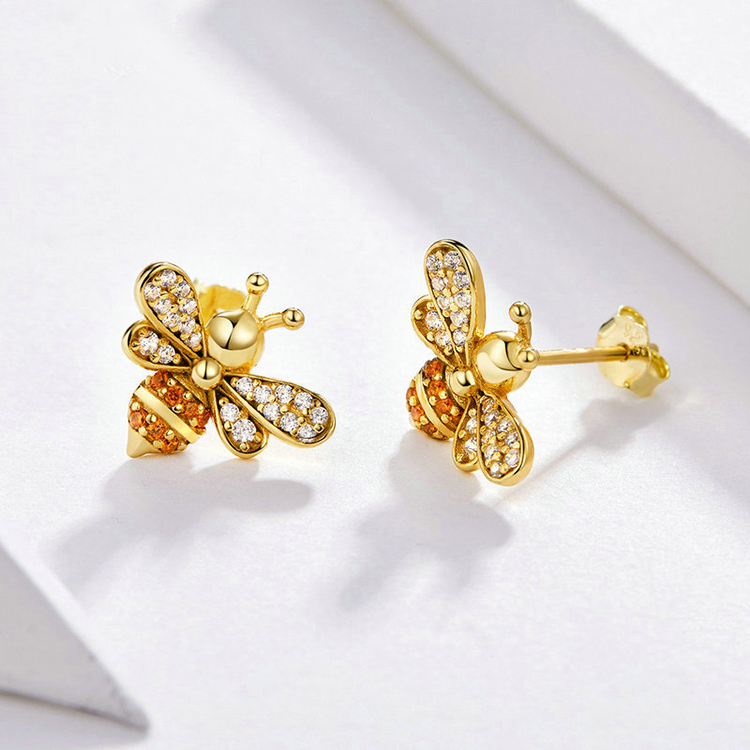 Custom 925 Sterling Silver Gold Plated Zirconia Honey Bee Stud Earrings