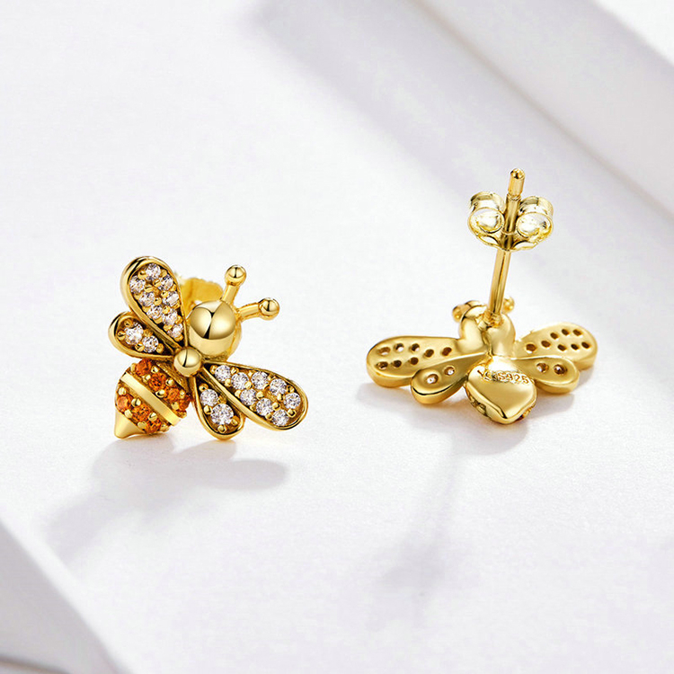 Custom 925 Sterling Silver Gold Plated Zirconia Honey Bee Stud Earrings