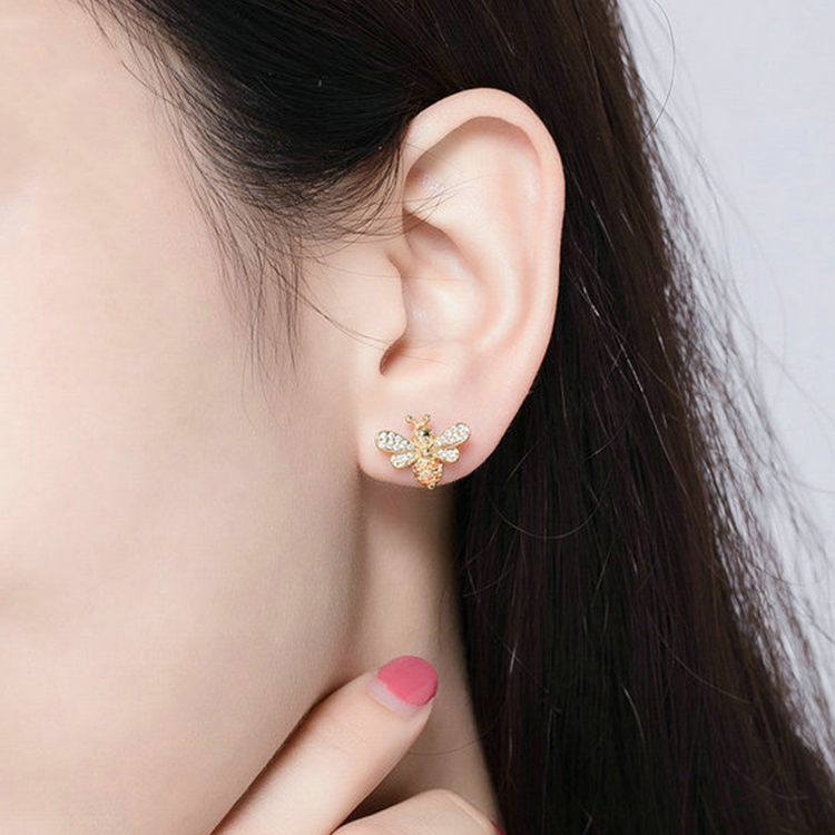 Custom 925 Sterling Silver Gold Plated Zirconia Honey Bee Stud Earrings