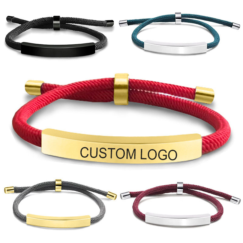 Custom LOGO Engraved Printing Stainless Steel Adjustable Ropes Woven Bracelet Fashion String Bracelets for Holiday Gifts