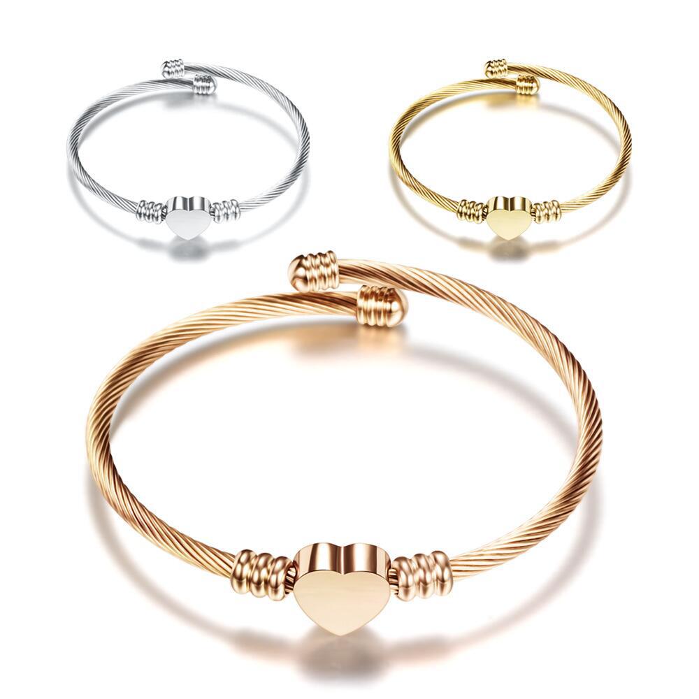 Custom Logo Hot Fashion Design Gold Black Heart Charms Opening Women Stainless Steel Cuff Wire Bangle Friendship Bracelet