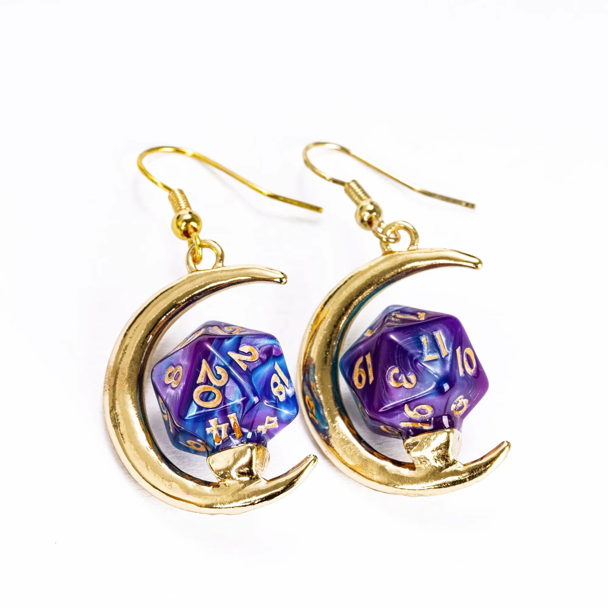 Custom Logo RPG Dungeons and Dragons Mini D20 Dice Gold Plated Titanium Hoop Earrings-Trendy Moon Shape Gift