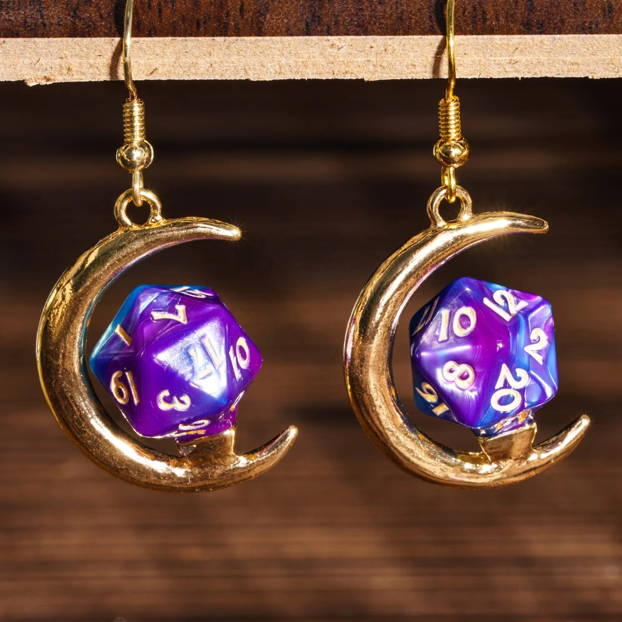 Custom Logo RPG Dungeons and Dragons Mini D20 Dice Gold Plated Titanium Hoop Earrings-Trendy Moon Shape Gift