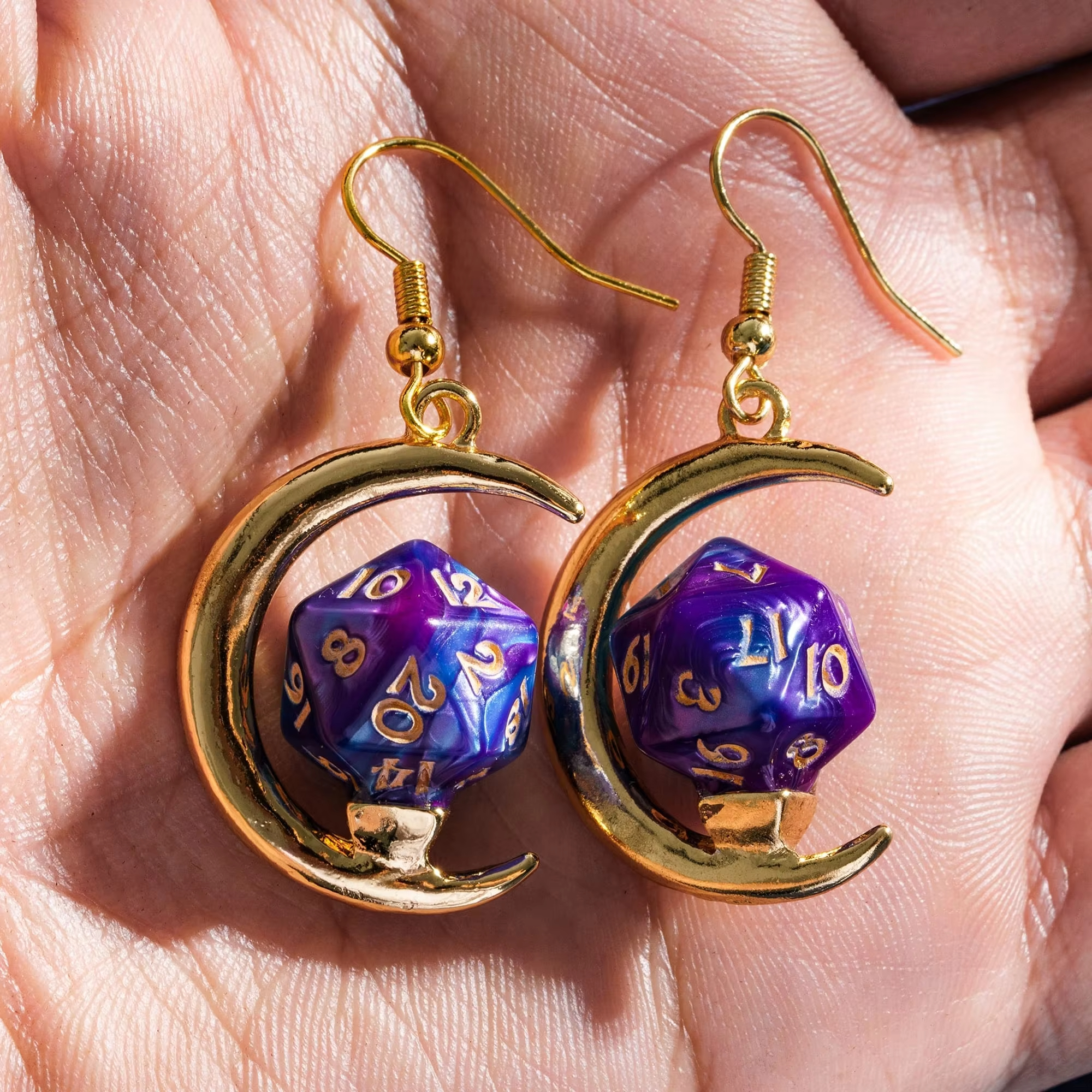 Custom Logo RPG Dungeons and Dragons Mini D20 Dice Gold Plated Titanium Hoop Earrings-Trendy Moon Shape Gift
