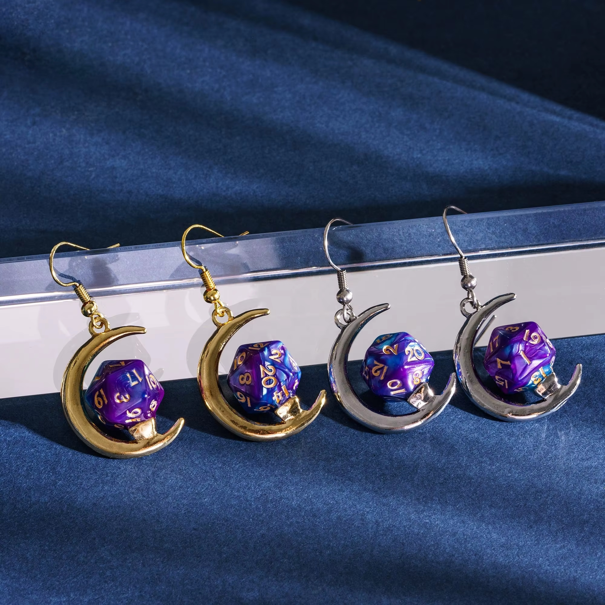 Custom Logo RPG Dungeons and Dragons Mini D20 Dice Gold Plated Titanium Hoop Earrings-Trendy Moon Shape Gift