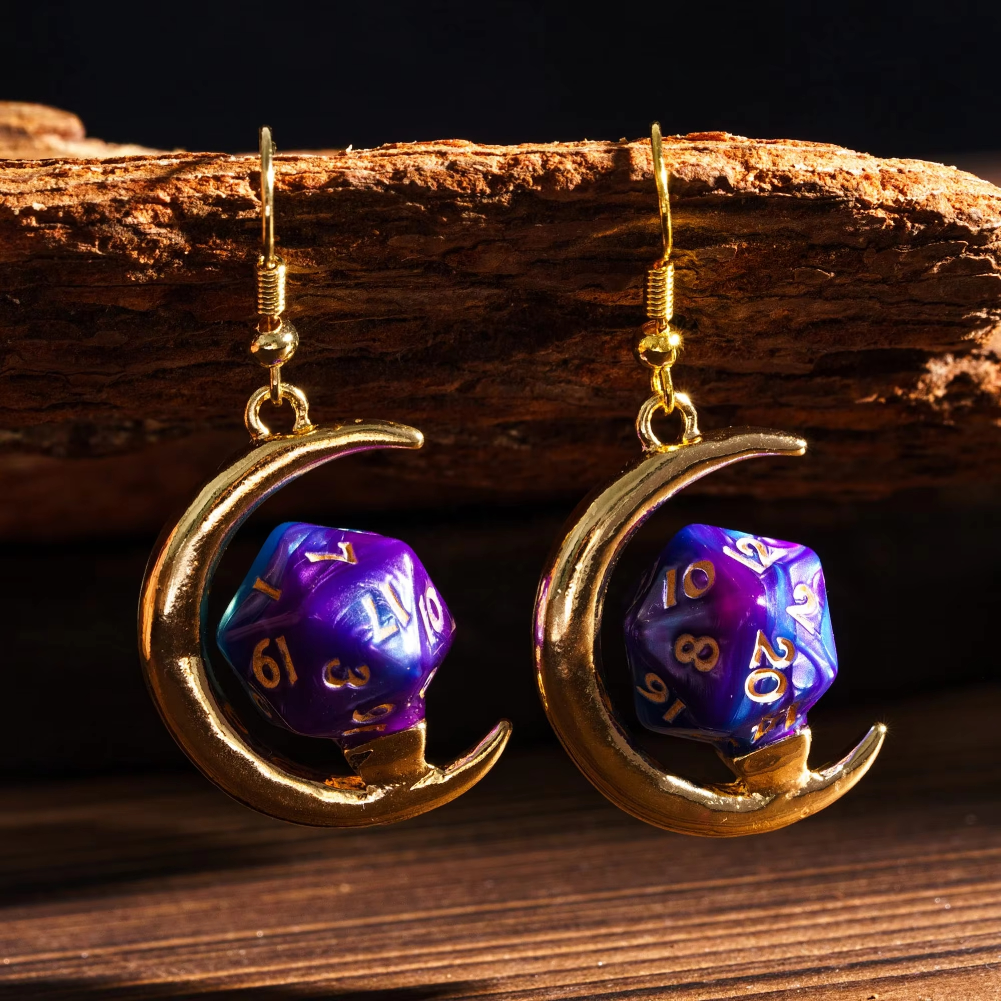 Custom Logo RPG Dungeons and Dragons Mini D20 Dice Gold Plated Titanium Hoop Earrings-Trendy Moon Shape Gift