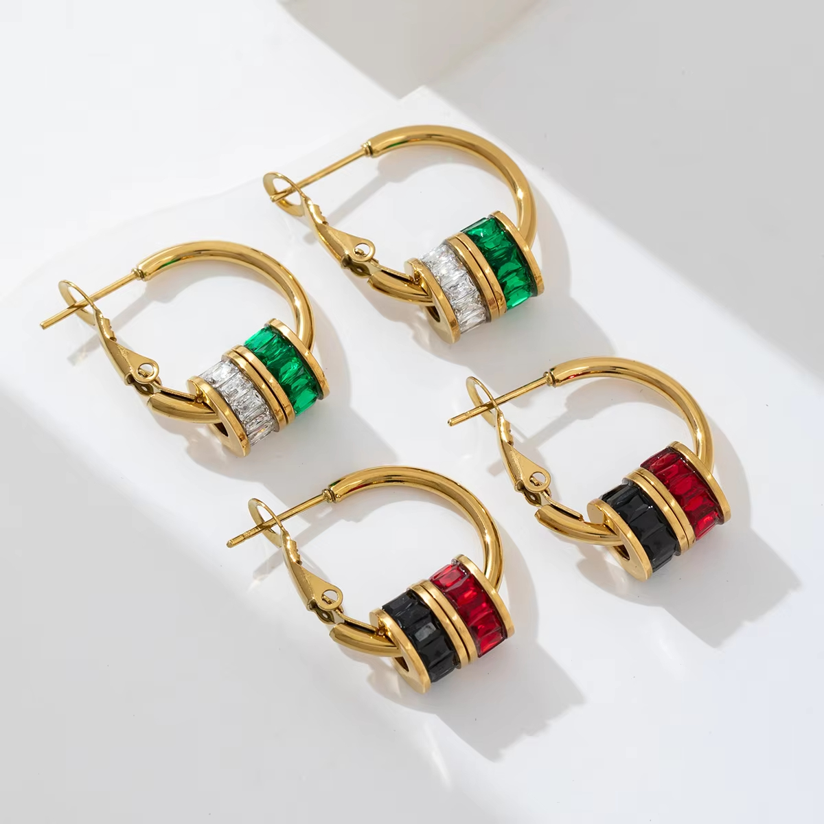 Custom New Design 316L Stainless Steel Multicolored CZ Hoop Earrings Jewelry 18K PVD Gold Waterproof Hypoallergenic