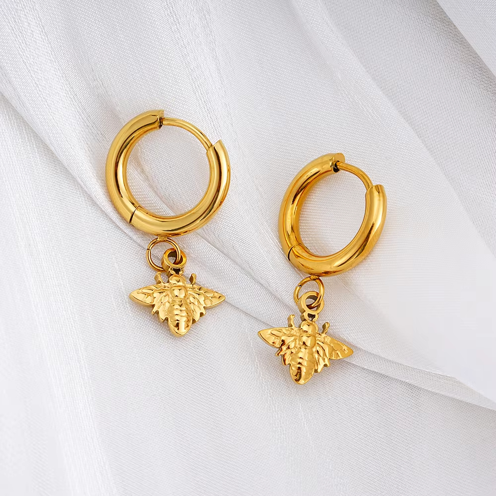 Cute Animal Series Jewelry Waterproof Bee for Gifts Custom Fashion Jewelry Bee Stainless Steel Hoop Shape Drop Earrings