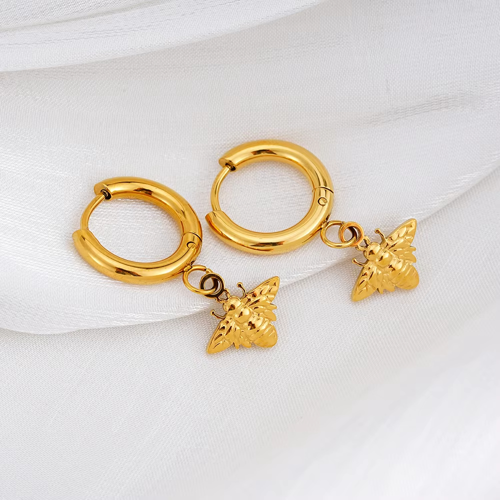 Cute Animal Series Jewelry Waterproof Bee for Gifts Custom Fashion Jewelry Bee Stainless Steel Hoop Shape Drop Earrings