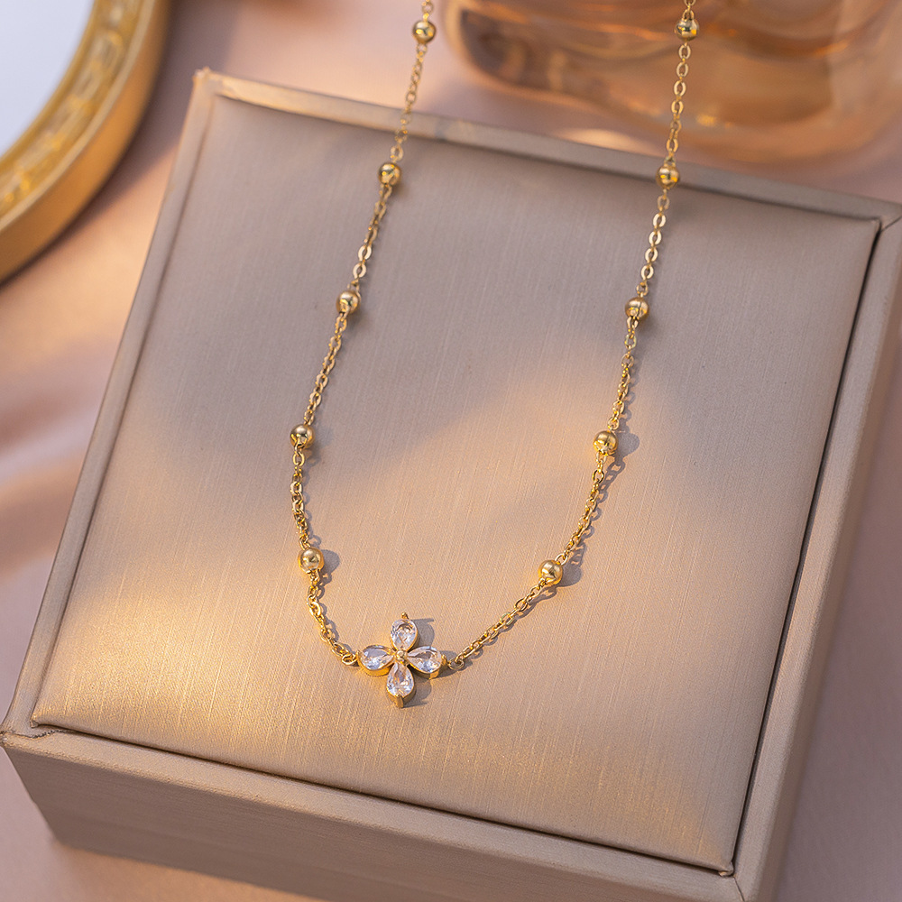 Dainty Trendy Luxury 18K Gold Stainless Steel Jewelry Set CZ Zirconia Flower Charm Necklace Bracelet Wedding Gift for Women