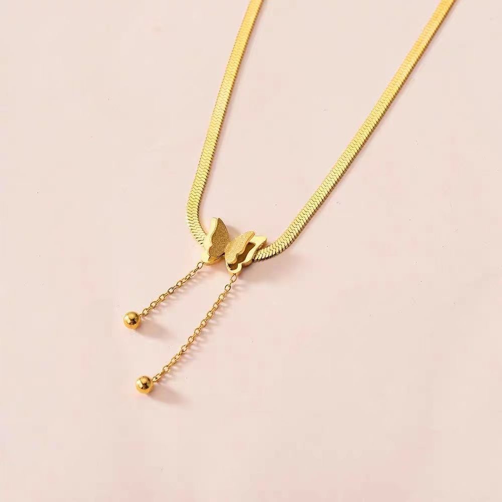 Delicate Tassel Snake Chain Necklace Titanium Stainless Steel Butterfly Gold Plated Necklace
