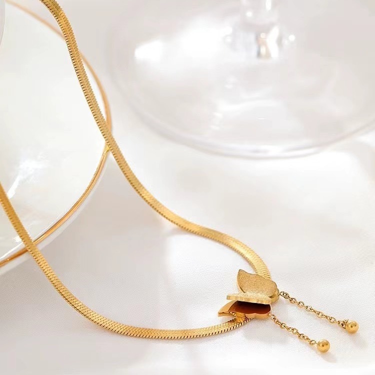 Delicate Tassel Snake Chain Necklace Titanium Stainless Steel Butterfly Gold Plated Necklace