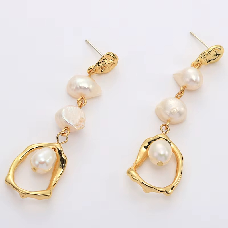 Designer Earrings 10 mm Cultured Baroque Freshwater Pearl Free-Form Drop Earrings in 925 Sterling Silver Pins 18K Gold Plated