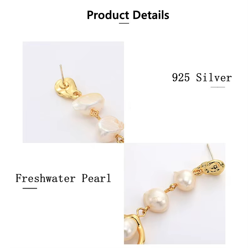 Designer Earrings 10 mm Cultured Baroque Freshwater Pearl Free-Form Drop Earrings in 925 Sterling Silver Pins 18K Gold Plated