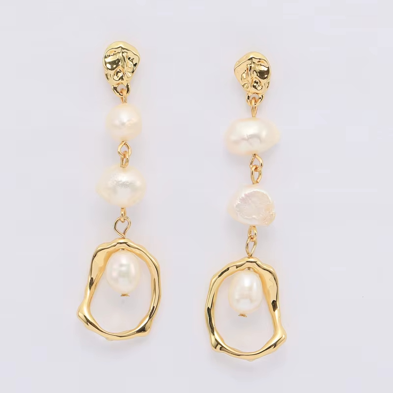Designer Earrings 10 mm Cultured Baroque Freshwater Pearl Free-Form Drop Earrings in 925 Sterling Silver Pins 18K Gold Plated