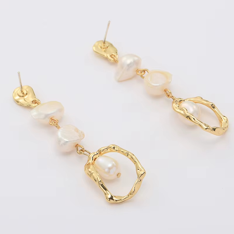 Designer Earrings 10 mm Cultured Baroque Freshwater Pearl Free-Form Drop Earrings in 925 Sterling Silver Pins 18K Gold Plated